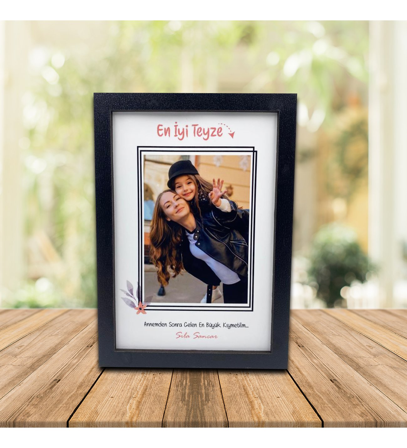 Kişiye Özel Anneler Günü Fotoğraf Baskılı En İyi Teyze Ahşap Çerçeve ve Safir Kolye