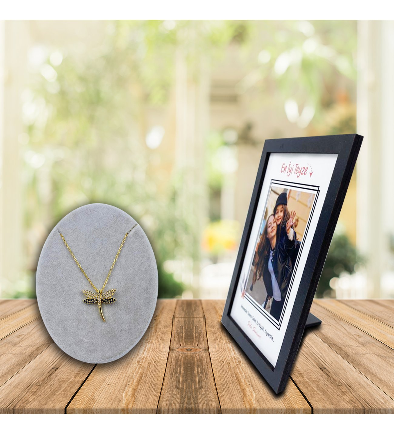 Kişiye Özel Anneler Günü Fotoğraf Baskılı En İyi Teyze Ahşap Çerçeve ve Safir Kolye