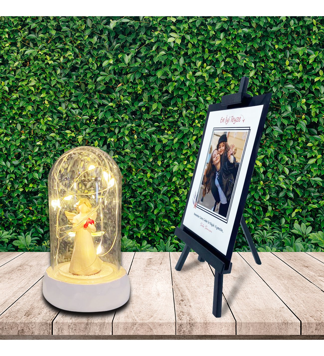 Kişiye Özel Anneler Günü Fotoğraflı En İyi Teyze Şövale & Işıklı Kalp Tutan Melek Cam Fanus