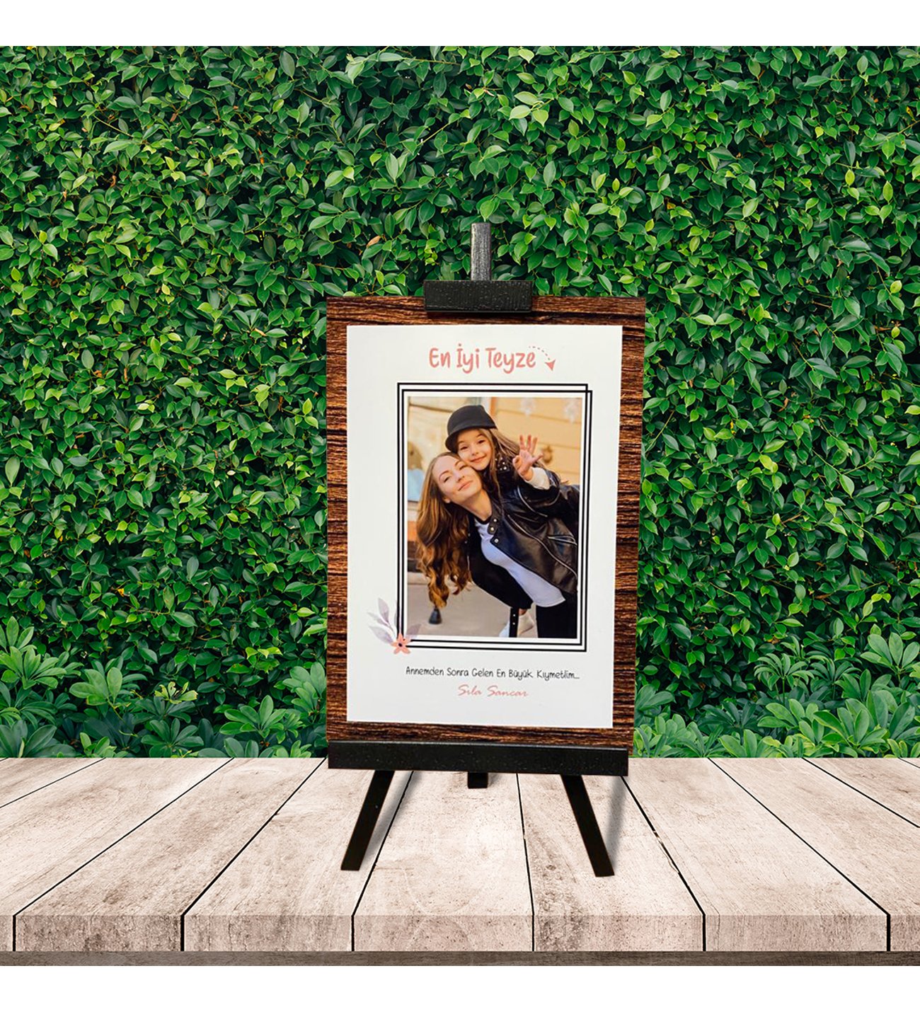 Kişiye Özel Anneler Günü Fotoğraflı En İyi Teyze Şövale & Işıklı Kalp Tutan Melek Cam Fanus