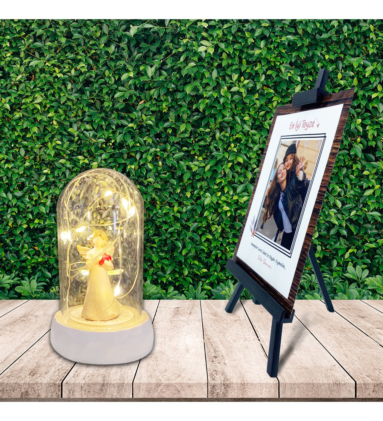 Kişiye Özel Anneler Günü Fotoğraflı En İyi Teyze Şövale & Işıklı Kalp Tutan Melek Cam Fanus