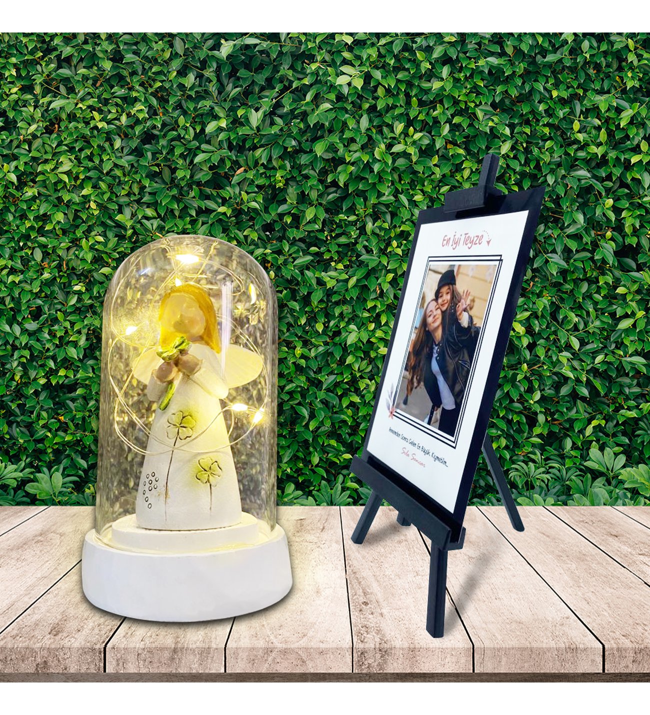 Kişiye Özel Anneler Günü Fotoğraflı En İyi Teyze Şövale & Işıklı Yonca Tutan Şans Yonca Figürlü Melek Cam Fanus