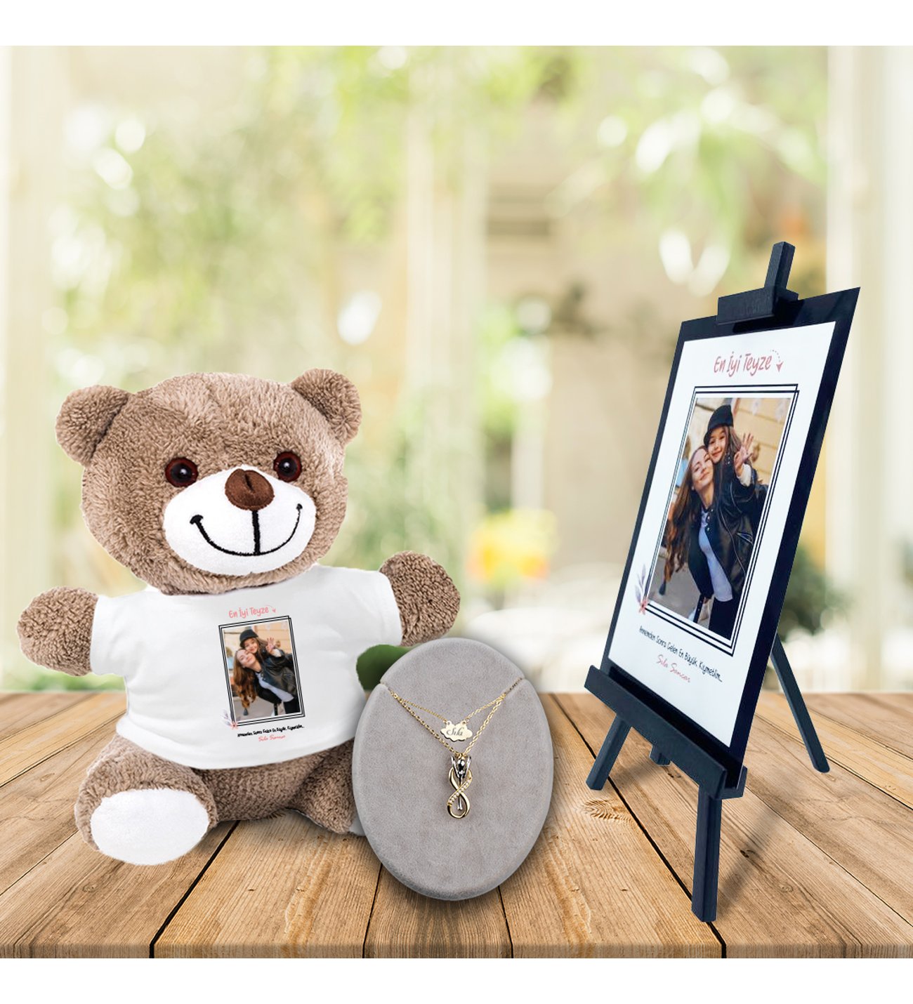 Kişiye Özel Anneler Günü Fotoğraflı En İyi Teyze Şövale & İsimli  Sonsuzluk Çifti  Kolye ve Tişörtlü Peluş Ayıcık