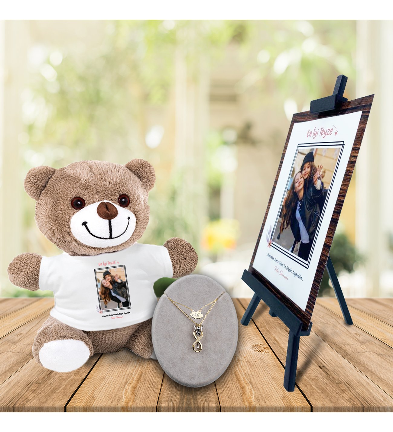 Kişiye Özel Anneler Günü Fotoğraflı En İyi Teyze Şövale & İsimli  Sonsuzluk Çifti ve Tişörtlü Peluş Ayıcık