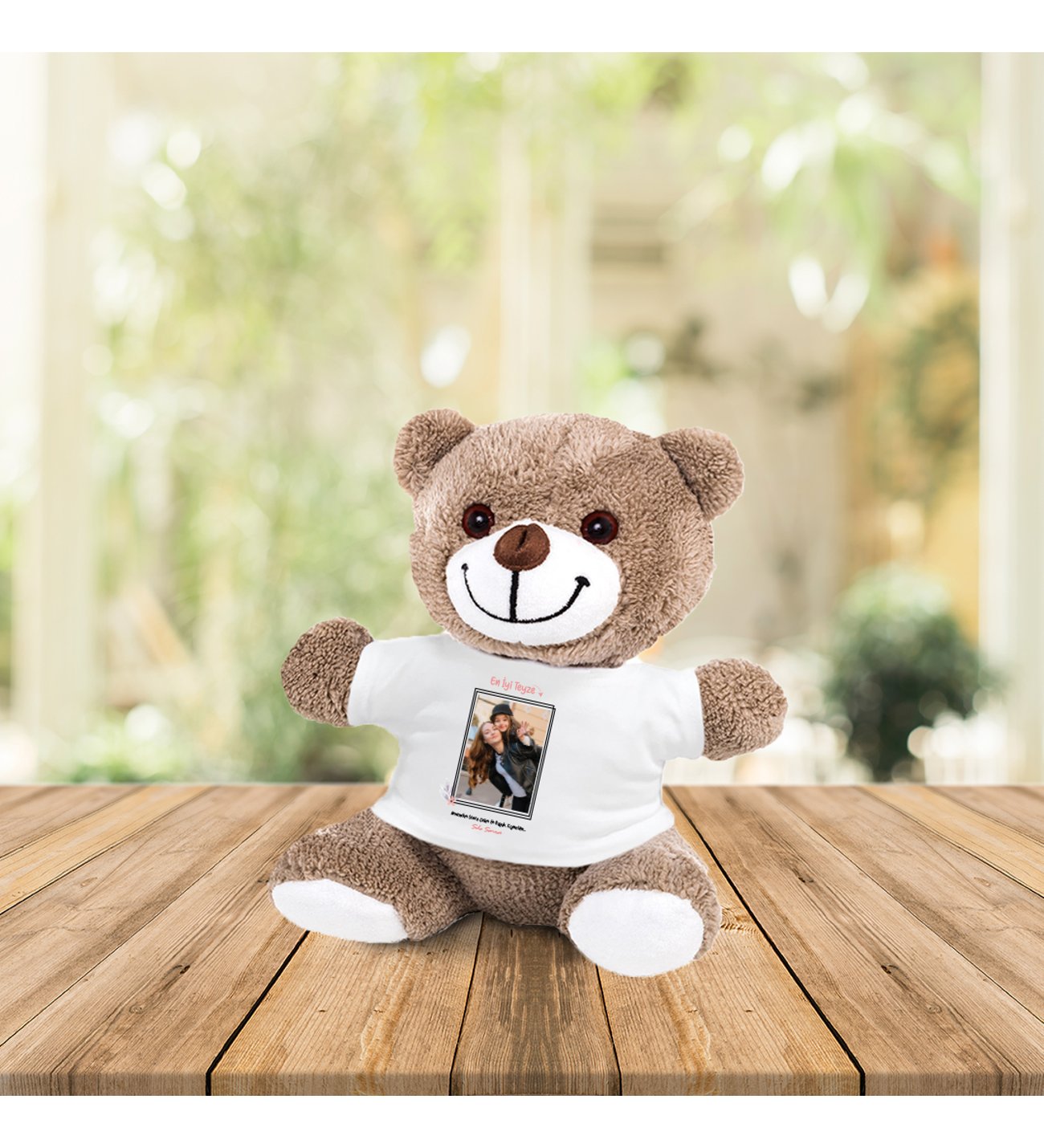 Kişiye Özel Anneler Günü Fotoğraflı En İyi Teyze Şövale & İsimli  Sonsuzluk Çifti ve Tişörtlü Peluş Ayıcık