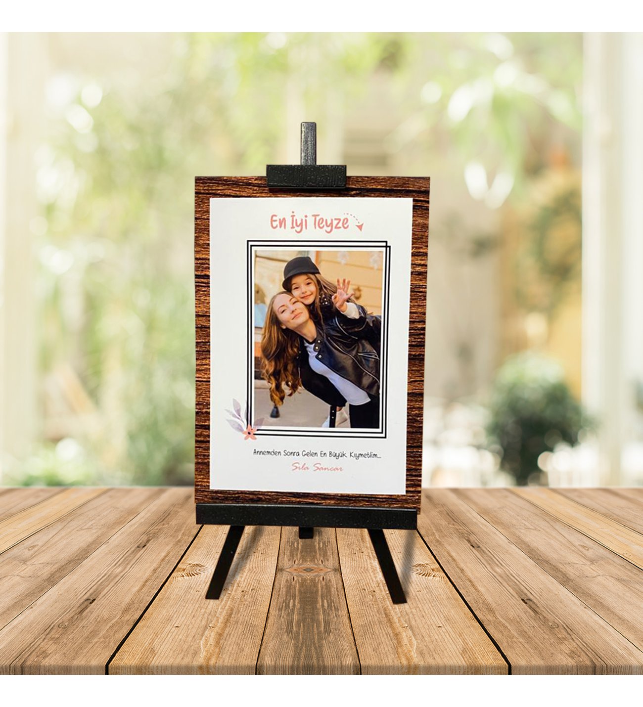 Kişiye Özel Anneler Günü Fotoğraflı En İyi Teyze Şövale & İsimli  Sonsuzluk Çifti ve Tişörtlü Peluş Ayıcık