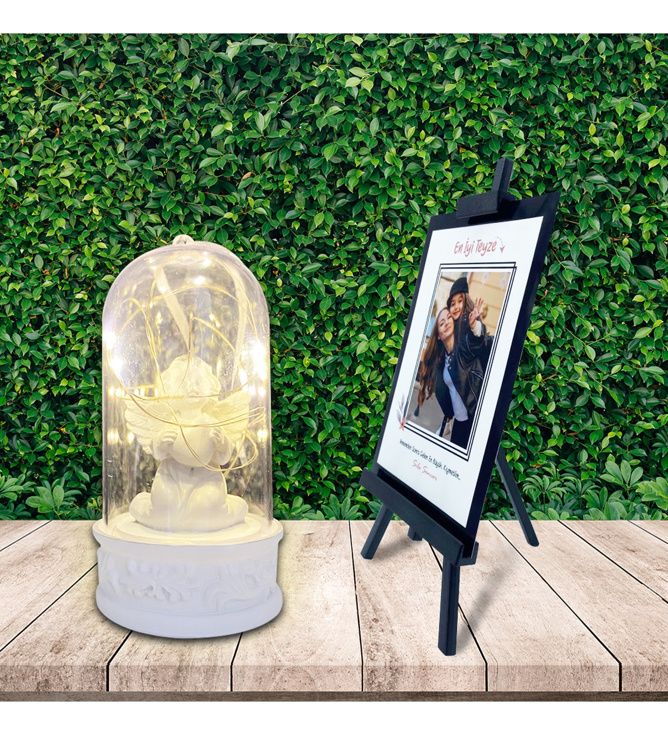 Kişiye Özel Anneler Günü Fotoğraflı En İyi Teyze Şövale & Kalpli Romantik Melek Işıklı Fanus