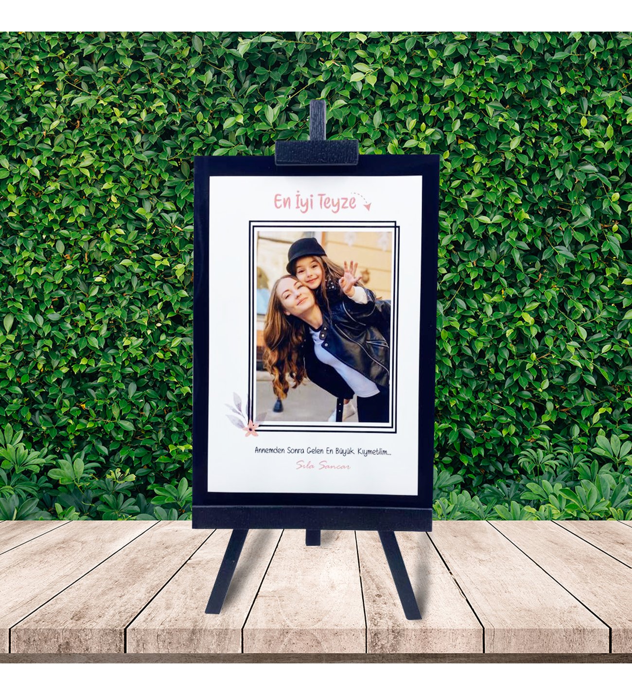 Kişiye Özel Anneler Günü Fotoğraflı En İyi Teyze Şövale & Kalpli Romantik Melek Işıklı Fanus