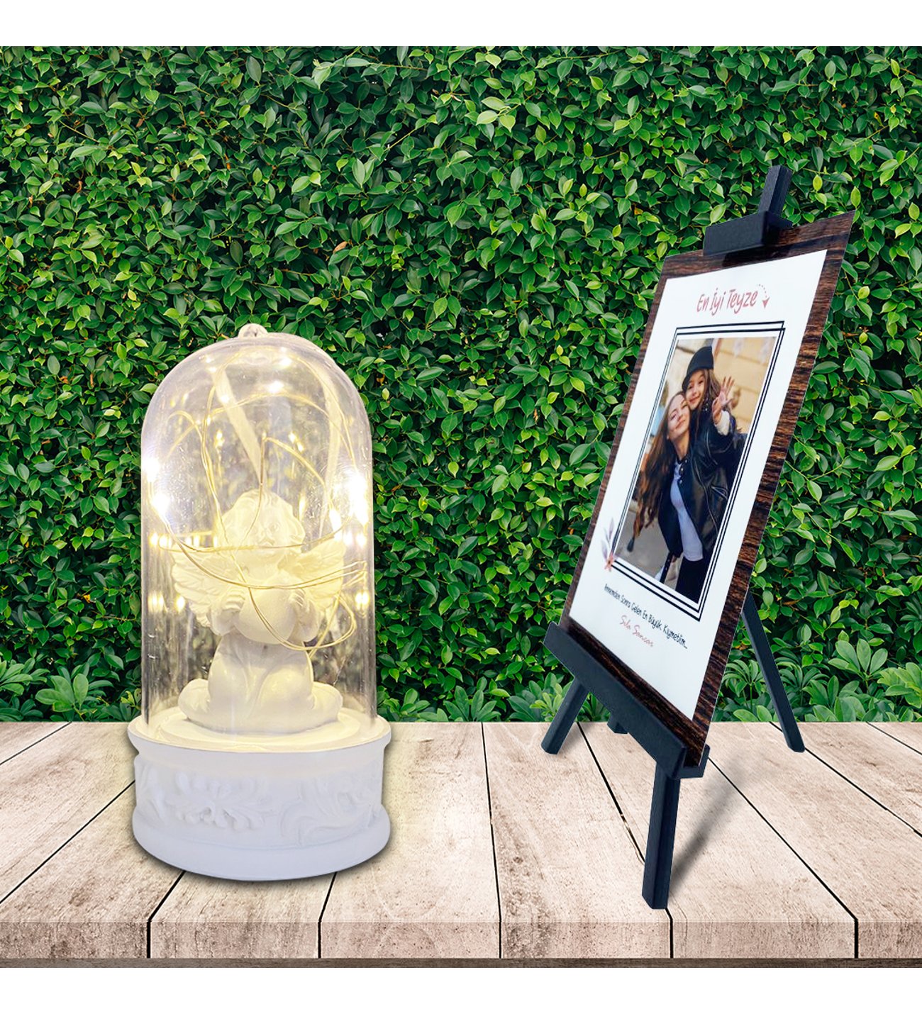 Kişiye Özel Anneler Günü Fotoğraflı En İyi Teyze Şövale & Kalpli Romantik Melek Işıklı Fanus