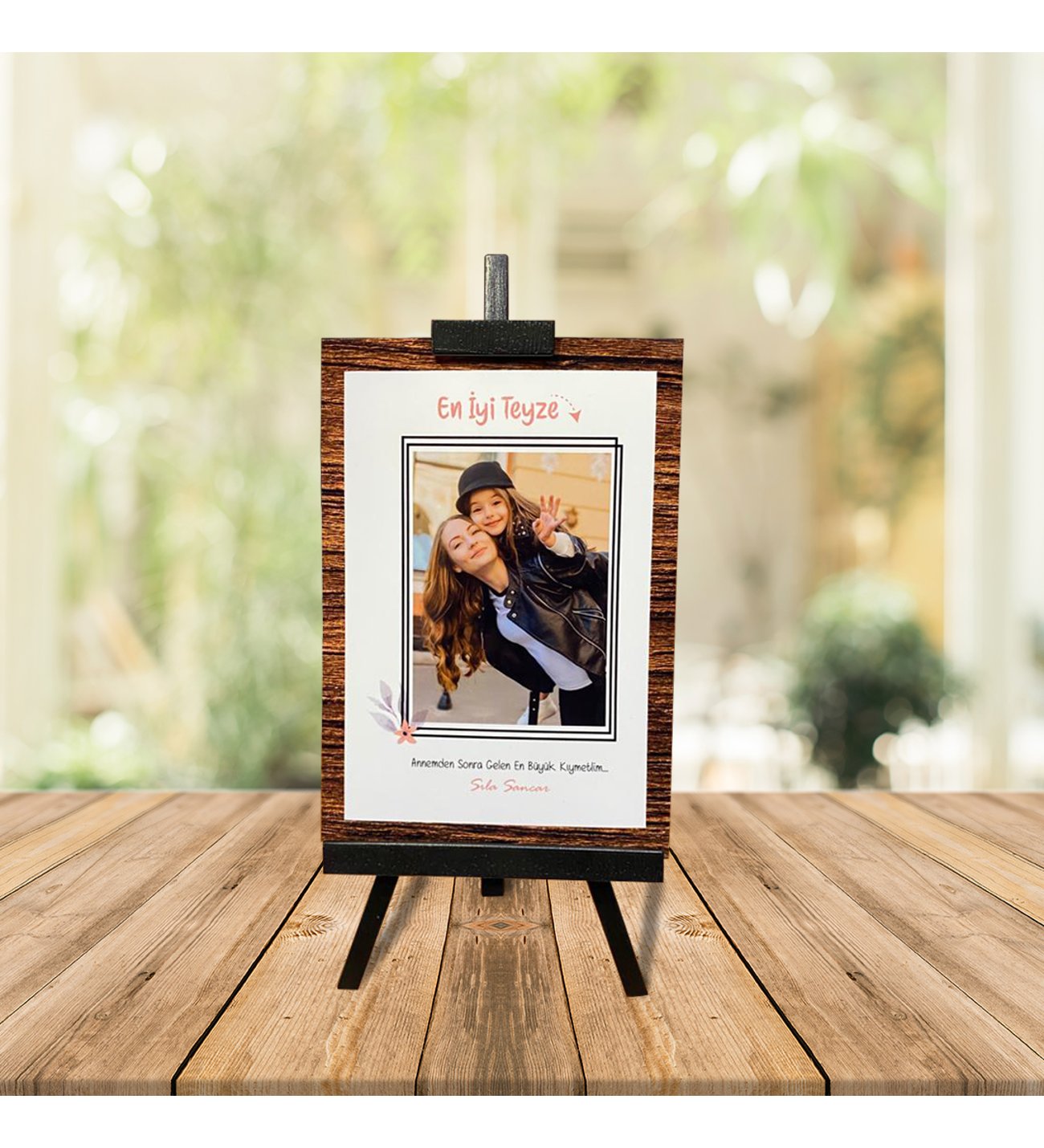 Kişiye Özel Anneler Günü Fotoğraflı En İyi Teyze Şövale ve Firuze  Yusufcuk Kolye