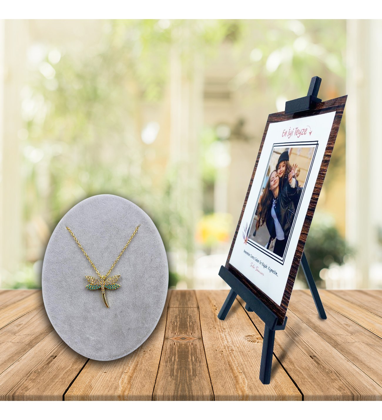 Kişiye Özel Anneler Günü Fotoğraflı En İyi Teyze Şövale ve Firuze  Yusufcuk Kolye