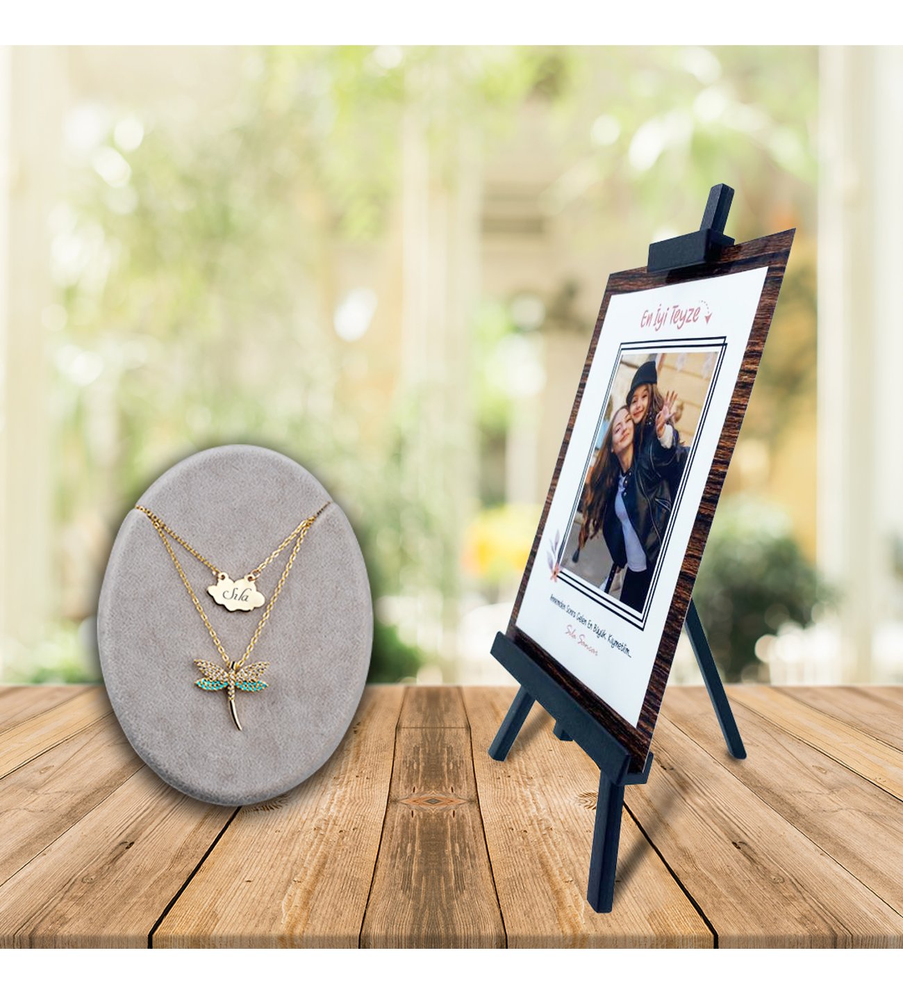 Kişiye Özel Anneler Günü Fotoğraflı En İyi Teyze Şövale ve İsimli Firuze Yusufcuk  Kolye