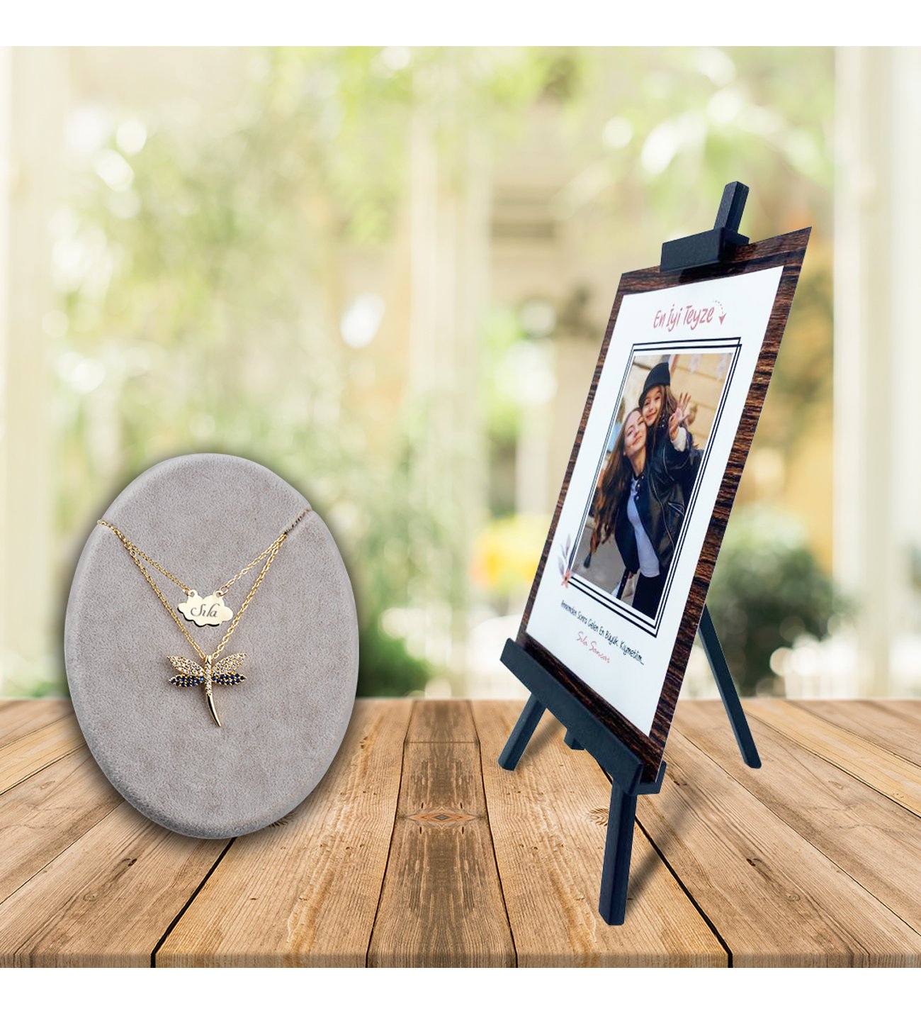 Kişiye Özel Anneler Günü Fotoğraflı En İyi Teyze Şövale ve İsimli Safir Yusufcuk  Kolye