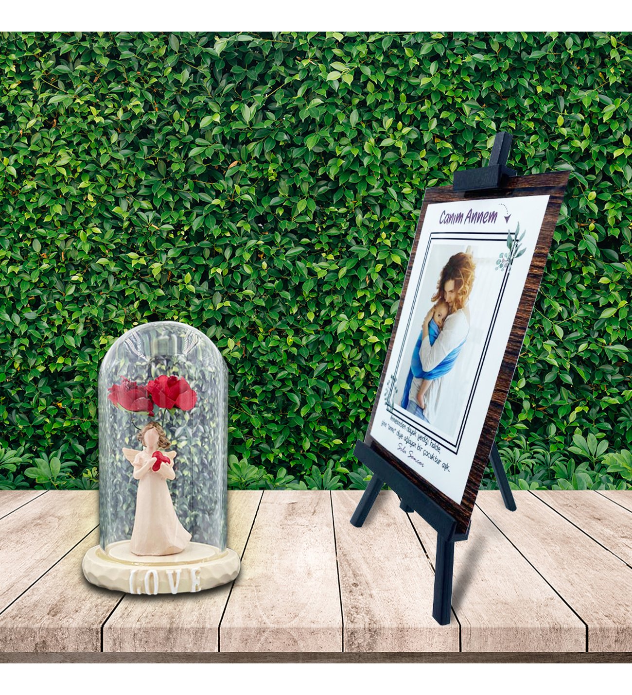 Kişiye Özel Anneler Günü Fotoğraflı Şövale & Aşk Perisi Fanus