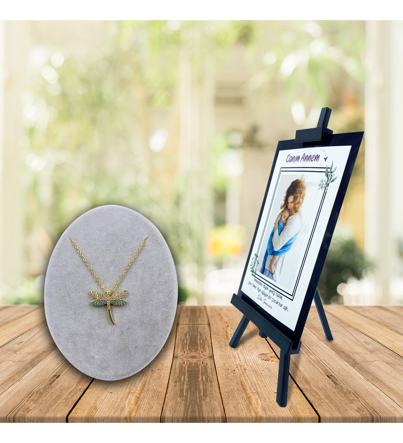 Kişiye Özel Anneler Günü Fotoğraflı  Şövale ve Firuze  Yusufçuk Kolye