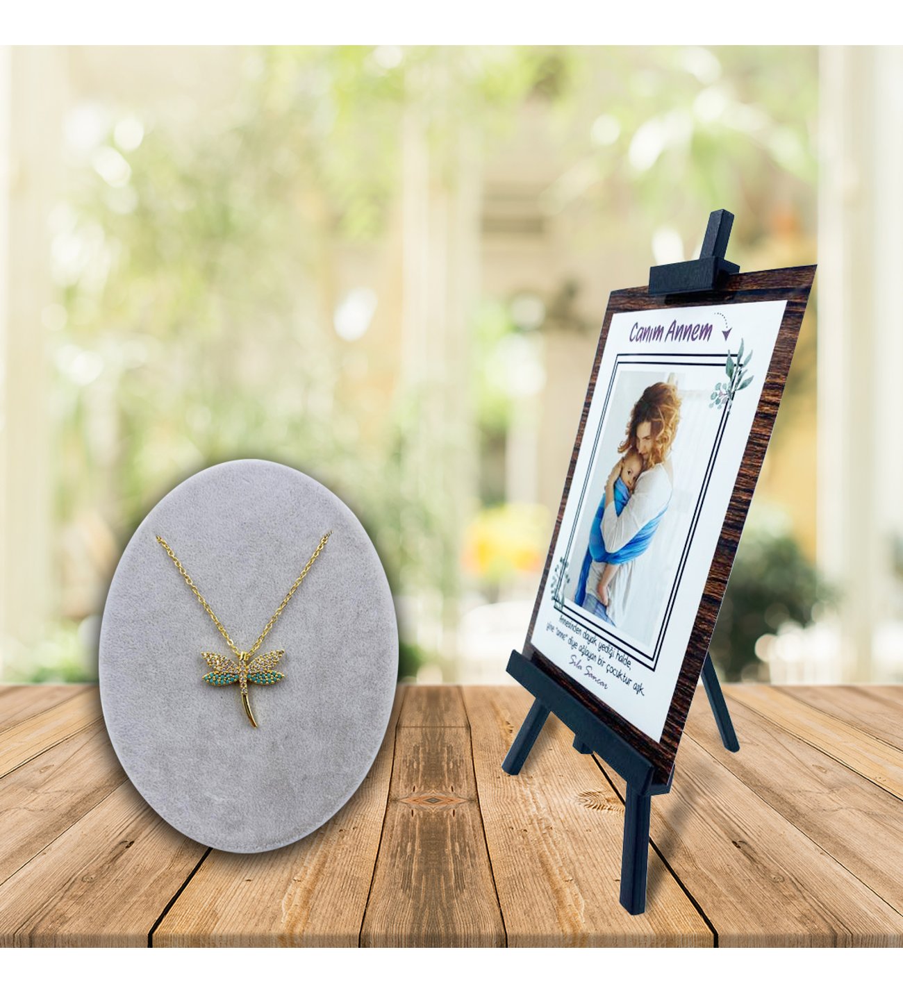 Kişiye Özel Anneler Günü Fotoğraflı Şövale ve Firuze Yusufçuk Kolye