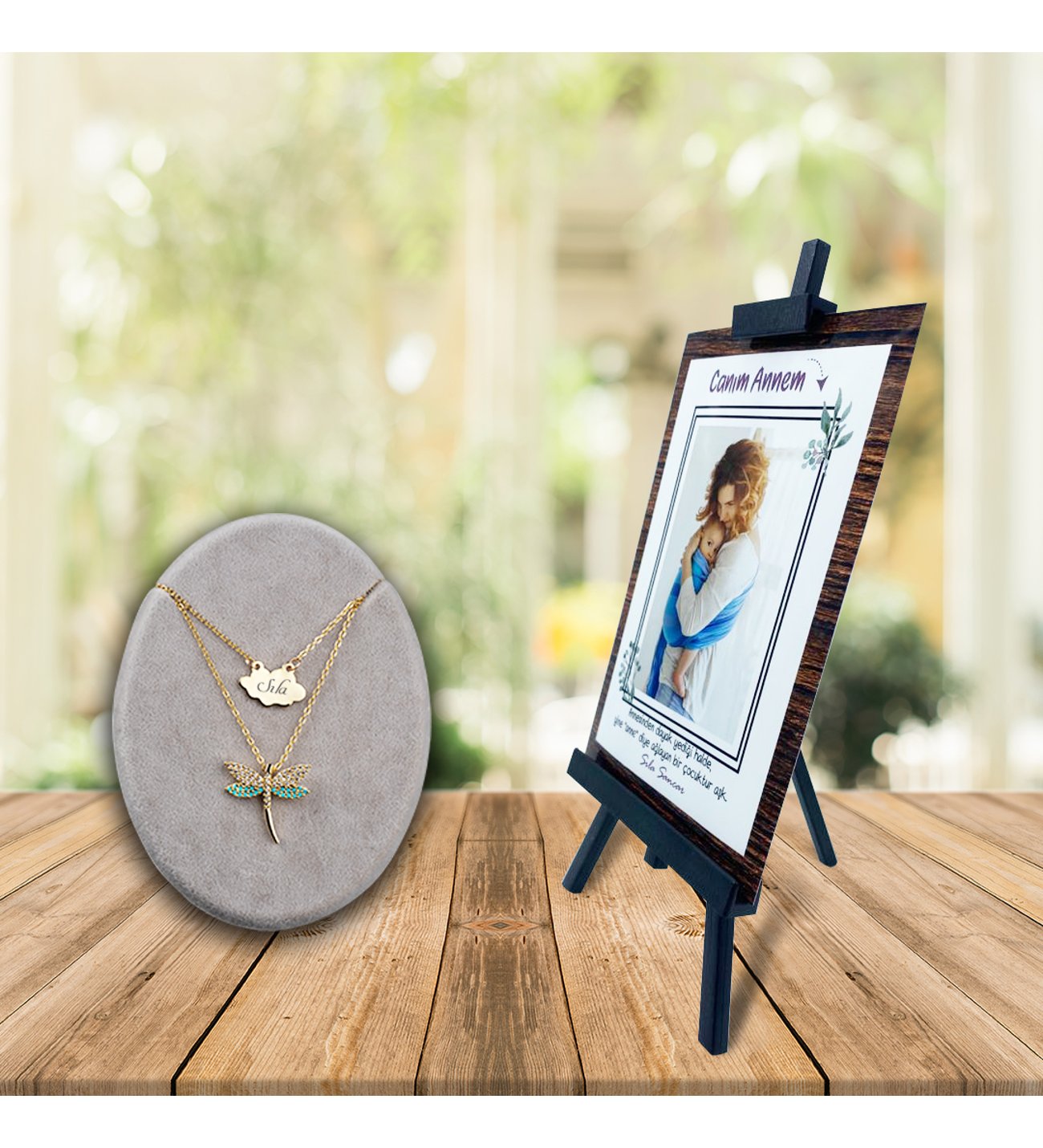 Kişiye Özel Anneler Günü Fotoğraflı Şövale ve İsimli Firuze Yusufcuk  Kolye