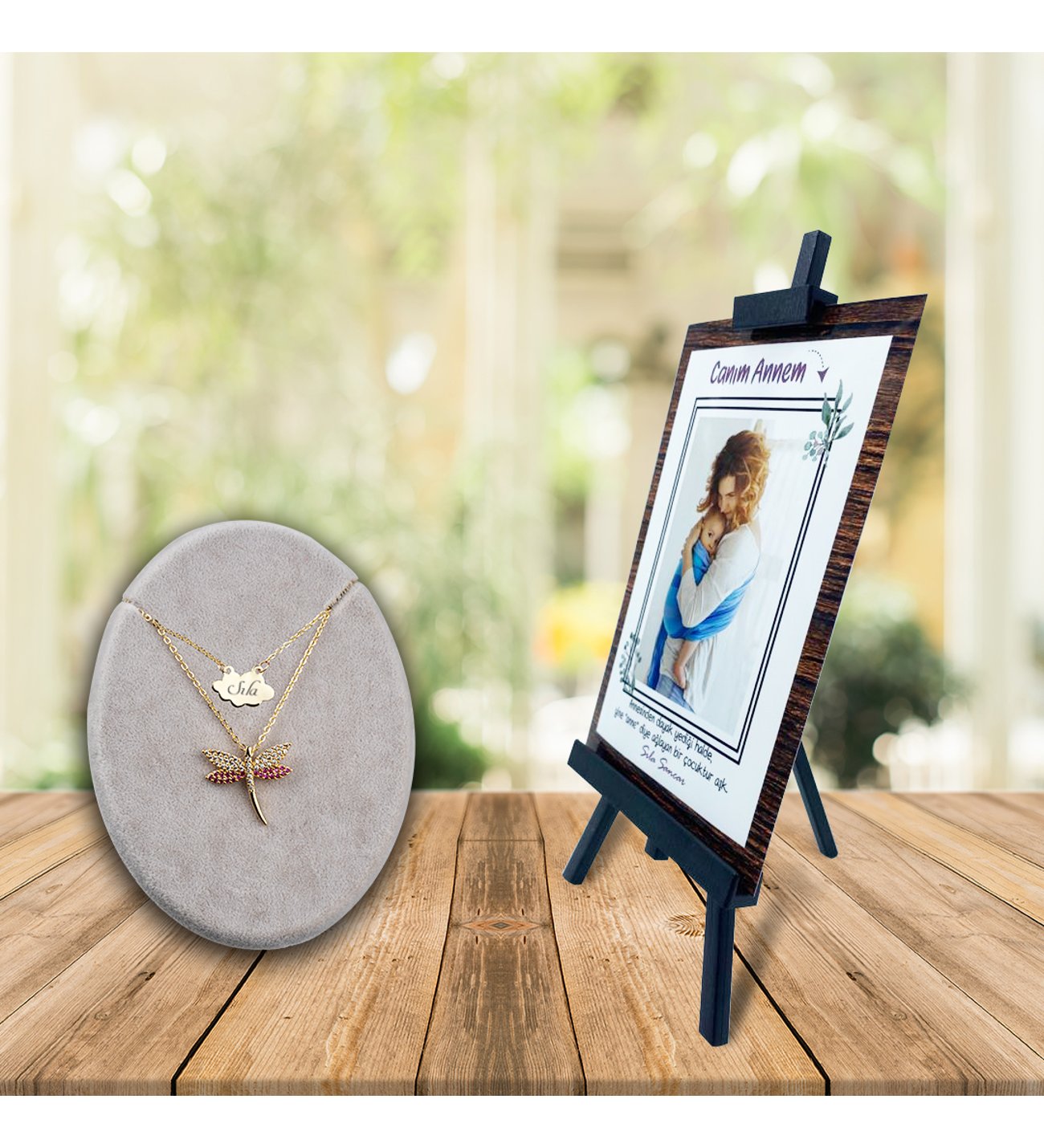 Kişiye Özel Anneler Günü Fotoğraflı Şövale ve İsimli Ruby Yusufcuk  Kolye