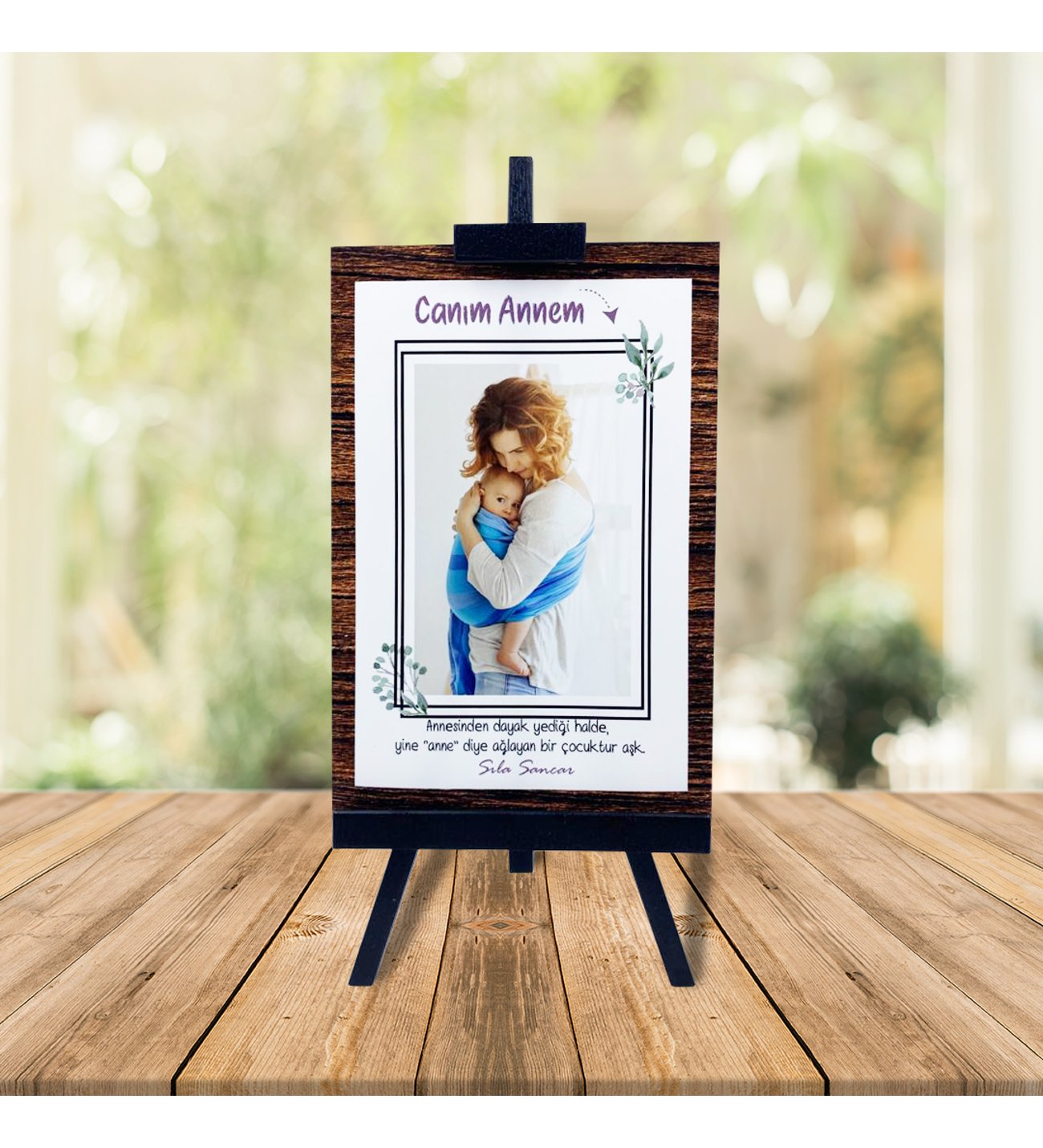 Kişiye Özel Anneler Günü Fotoğraflı Şövale ve İsimli Safir Yusufcuk  Kolye