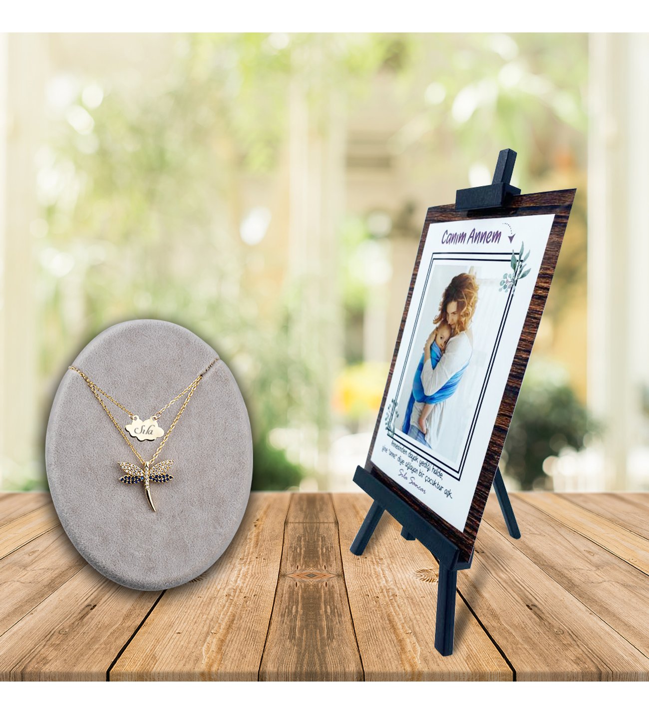 Kişiye Özel Anneler Günü Fotoğraflı Şövale ve İsimli Safir Yusufcuk  Kolye