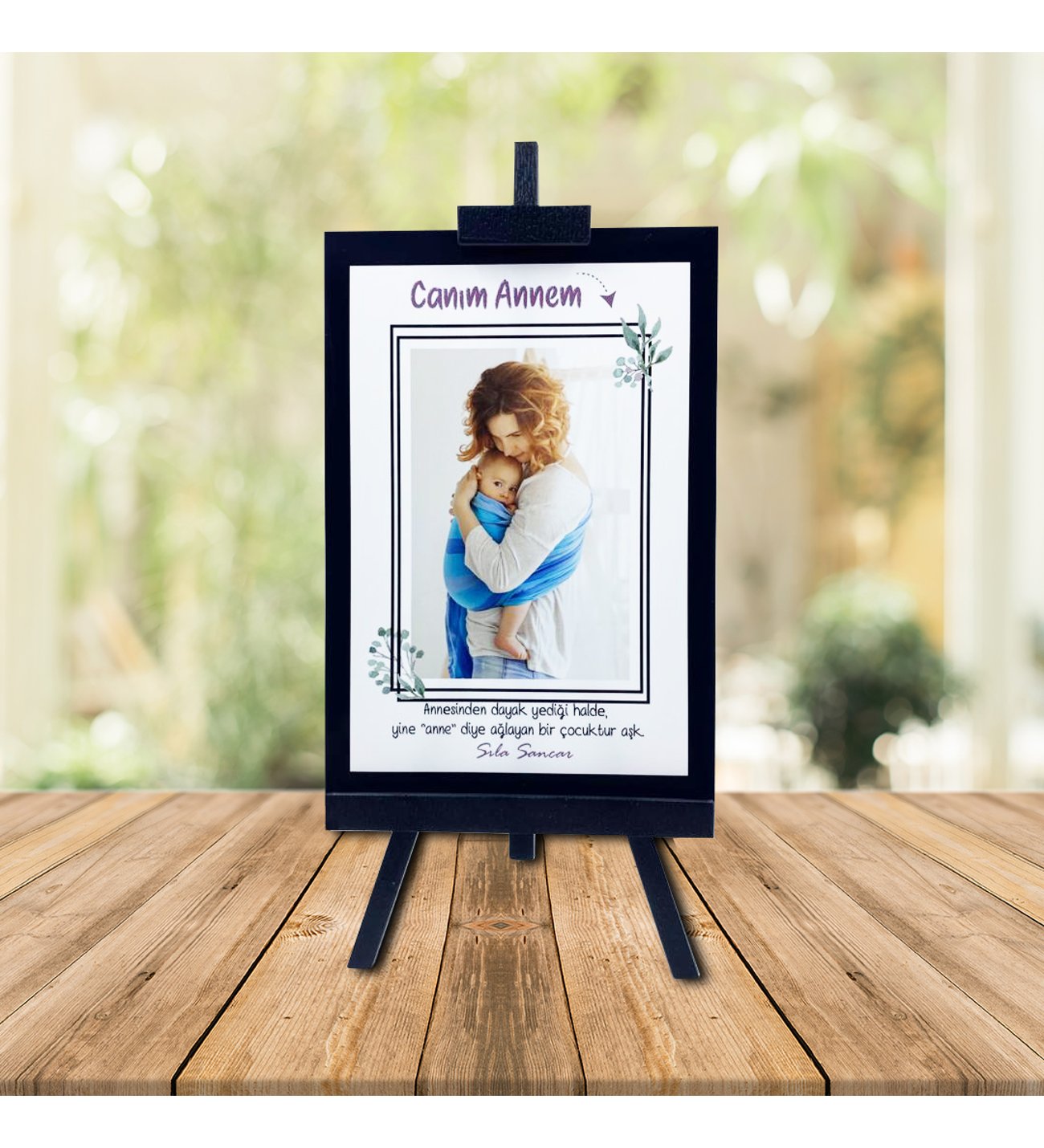 Kişiye Özel Anneler Günü Fotoğraflı Şövale ve İsimli Safir Yusufcuk  Kolye