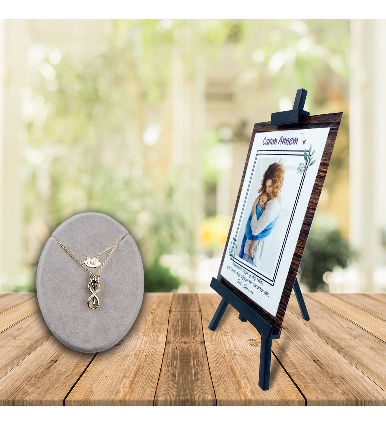 Kişiye Özel Anneler Günü Fotoğraflı Şövale ve İsimli Sonsuzluk Çifti Kolye