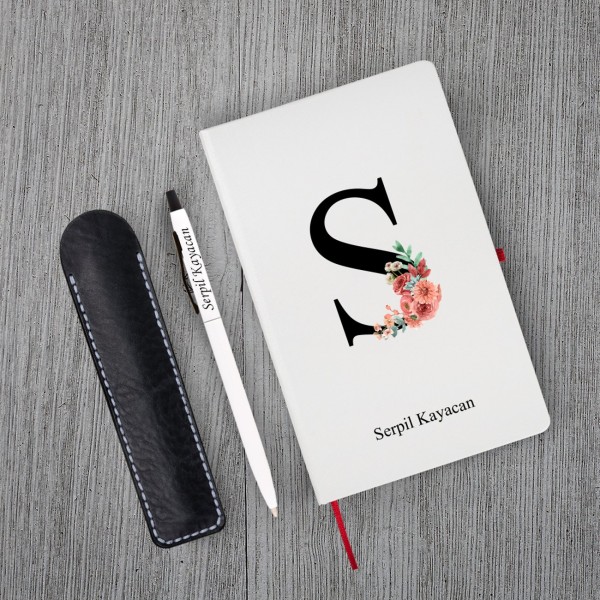 Kişiye Özel Yılbaşı Uv Baskılı Harfli Beyaz Defter ( Kırmızı Kenar ) & Beyaz Tükenmez Kalem