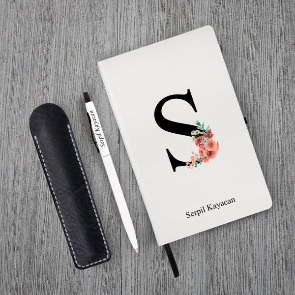 Kişiye Özel Yeni Yıl Uv Baskılı Harfli Beyaz Defter ( Siyah Kenar ) & Beyaz Tükenmez Kalem