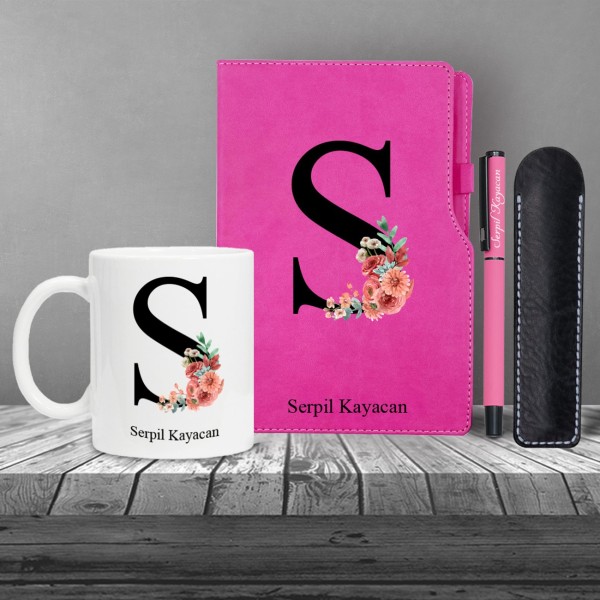 Kişiye Özel Uv Baskılı Harfli Pembe Defter & Pembe Roller Kalem ve Kupa Seti Kişiye Özel Uv Baskılı Harfli Pembe Defter & Pembe Roller Kalem ve Kupa Seti