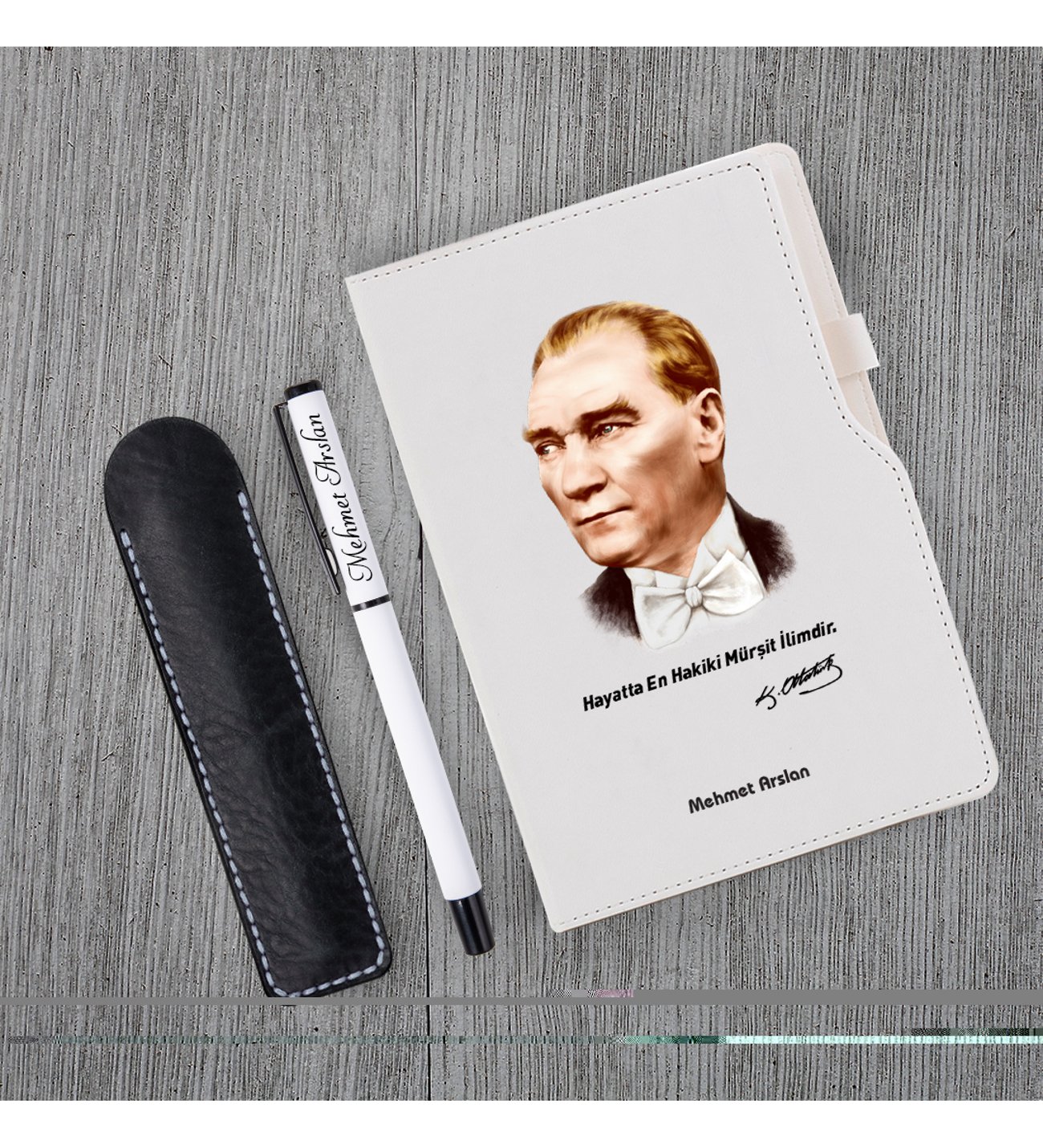 Kişiye Özel Atatürk Silüet  UV Baskılı Beyaz Defter & Beyaz Roller Kalem