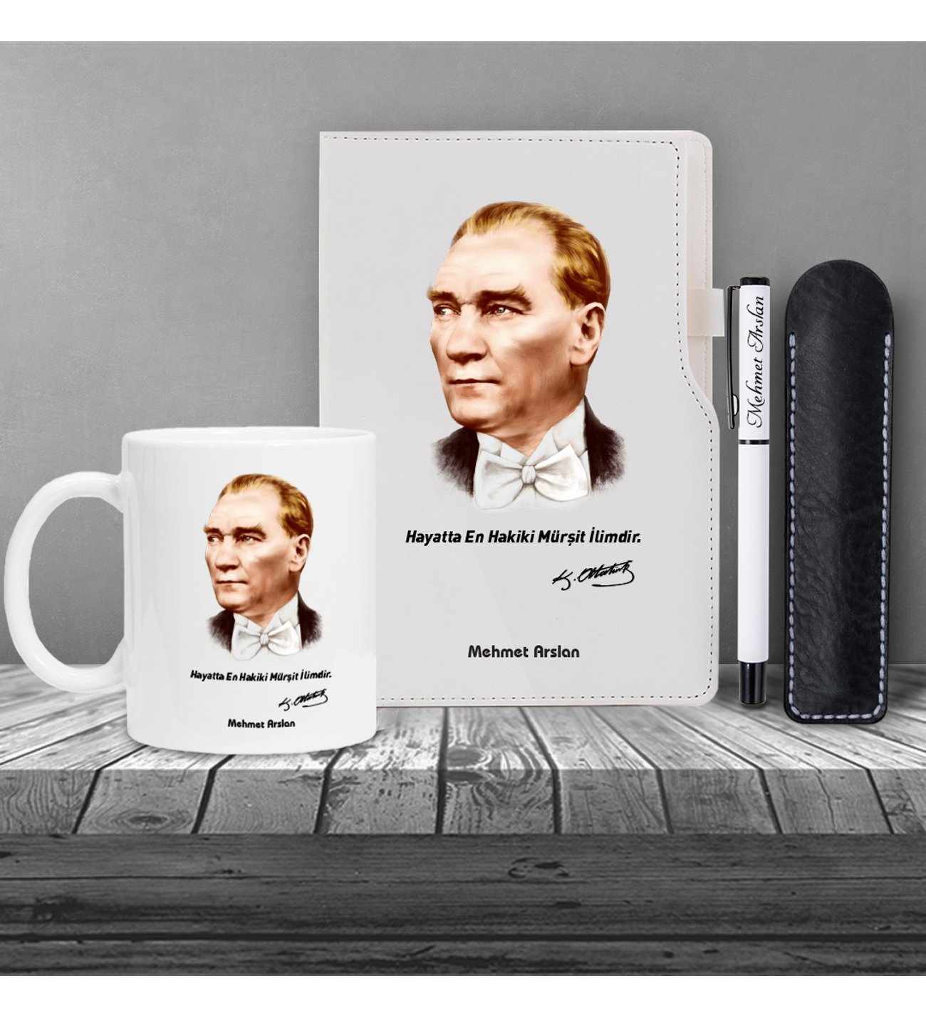 Kişiye Özel Atatürk Silüet UV Baskılı Beyaz Defter & Beyaz Roller Kalem ve Kupa Seti