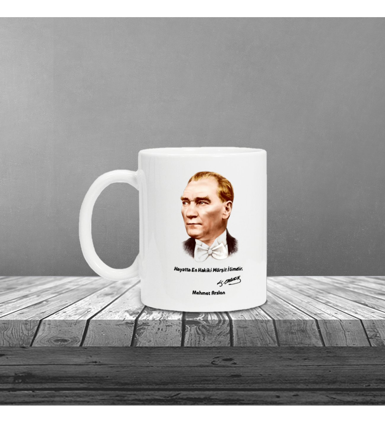 Kişiye Özel Atatürk Silüet UV Baskılı Beyaz Defter & Beyaz Roller Kalem ve Kupa Seti