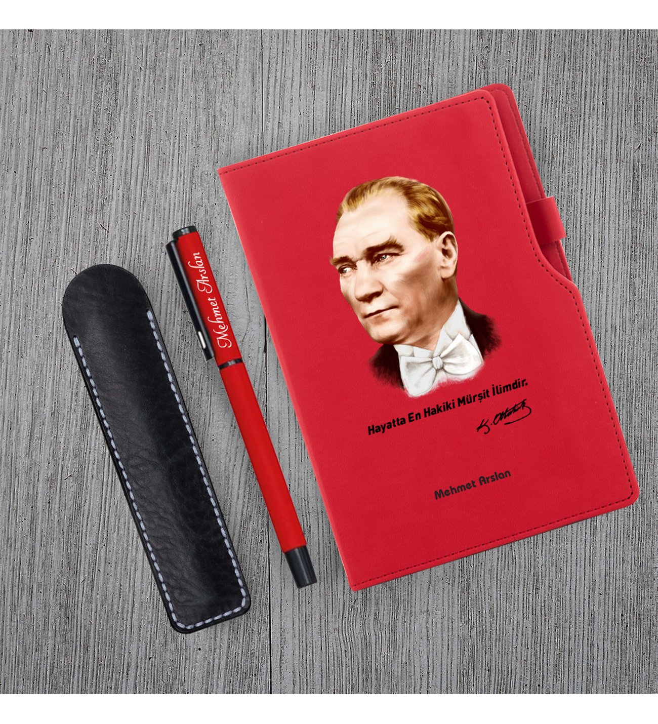 Kişiye Özel Atatürk Silüet UV Baskılı Kırmızı Defter & Kırmızı Roller Kalem ve Kupa Seti