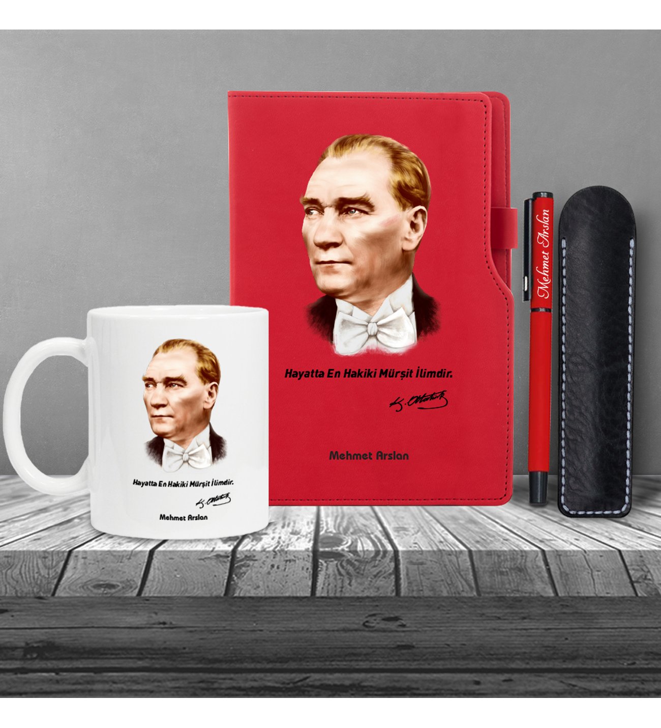 Kişiye Özel Atatürk Silüet UV Baskılı Kırmızı Defter & Kırmızı Roller Kalem ve Kupa Seti