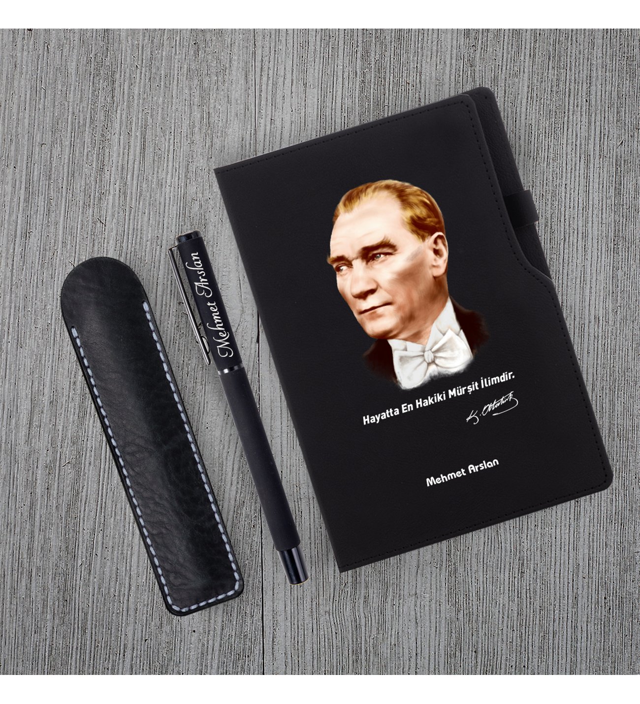 Kişiye Özel Atatürk Silüet UV Baskılı Siyah Defter & Siyah Roller Kalem ve Kupa Seti Kişiye Özel Atatürk Silüet UV Baskılı Siyah Defter & Siyah Roller Kalem ve Kupa Seti