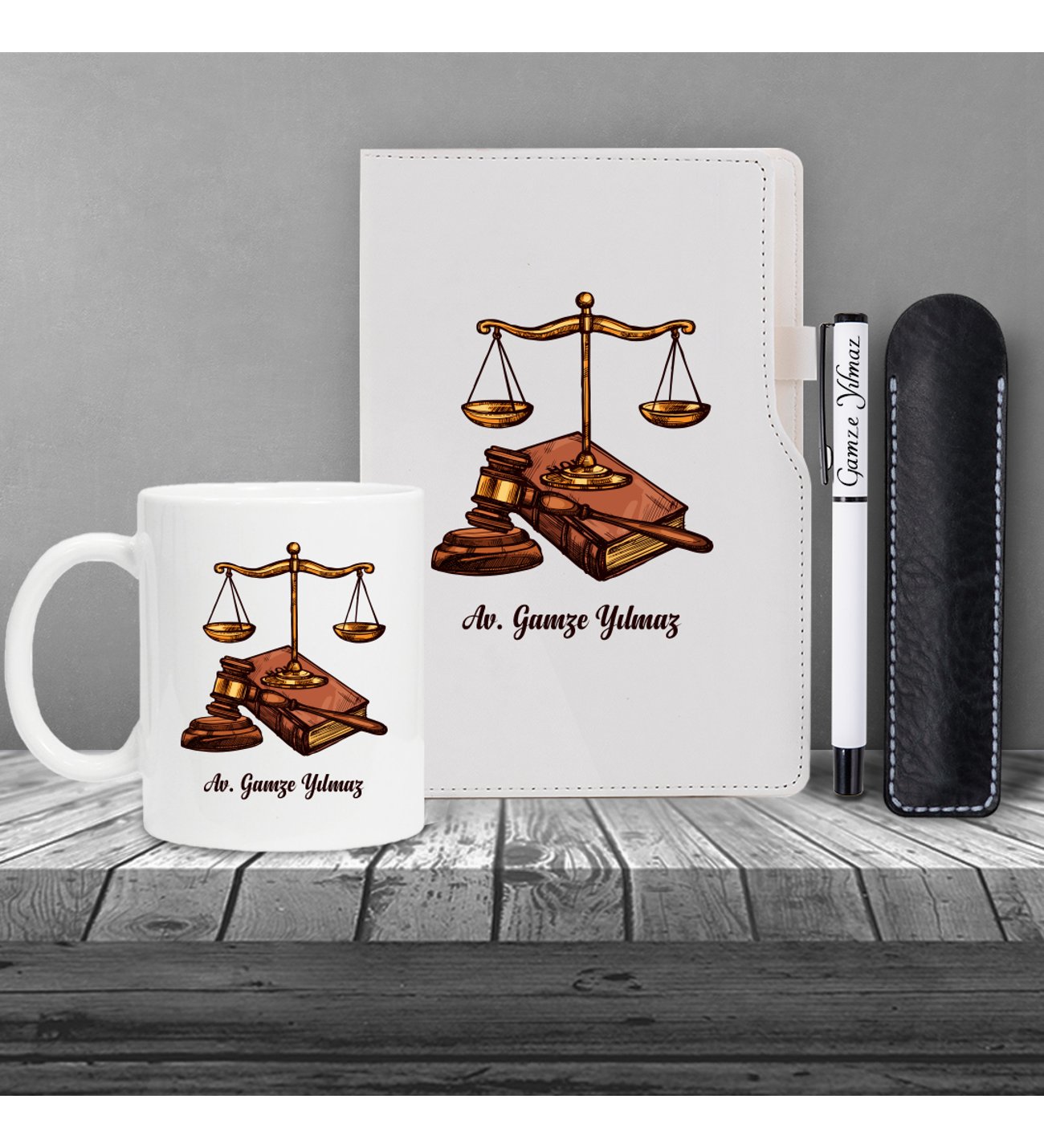 Kişiye Özel Avukat Temalı Beyaz Defter , Beyaz Roller Kalem ve Kupa Seti