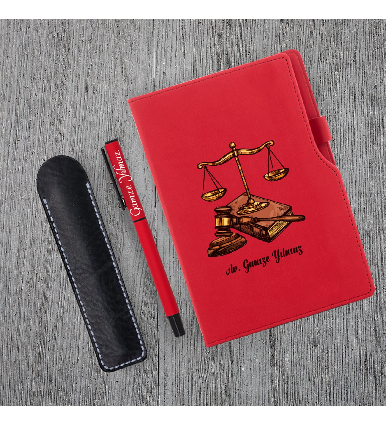 Kişiye Özel Avukat Temalı Kırmızı Defter , Kırmızı Roller Kalem ve Kupa Seti