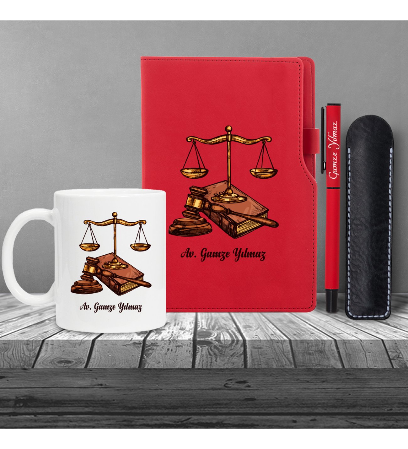 Kişiye Özel Avukat Temalı Kırmızı Defter , Kırmızı Roller Kalem ve Kupa Seti