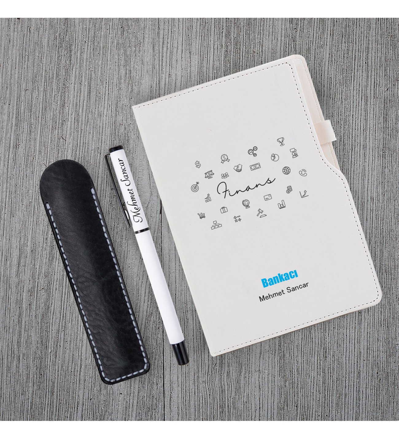 Kişiye Özel Bankacı Temalı Beyaz Defter & Beyaz  Roller Kalem