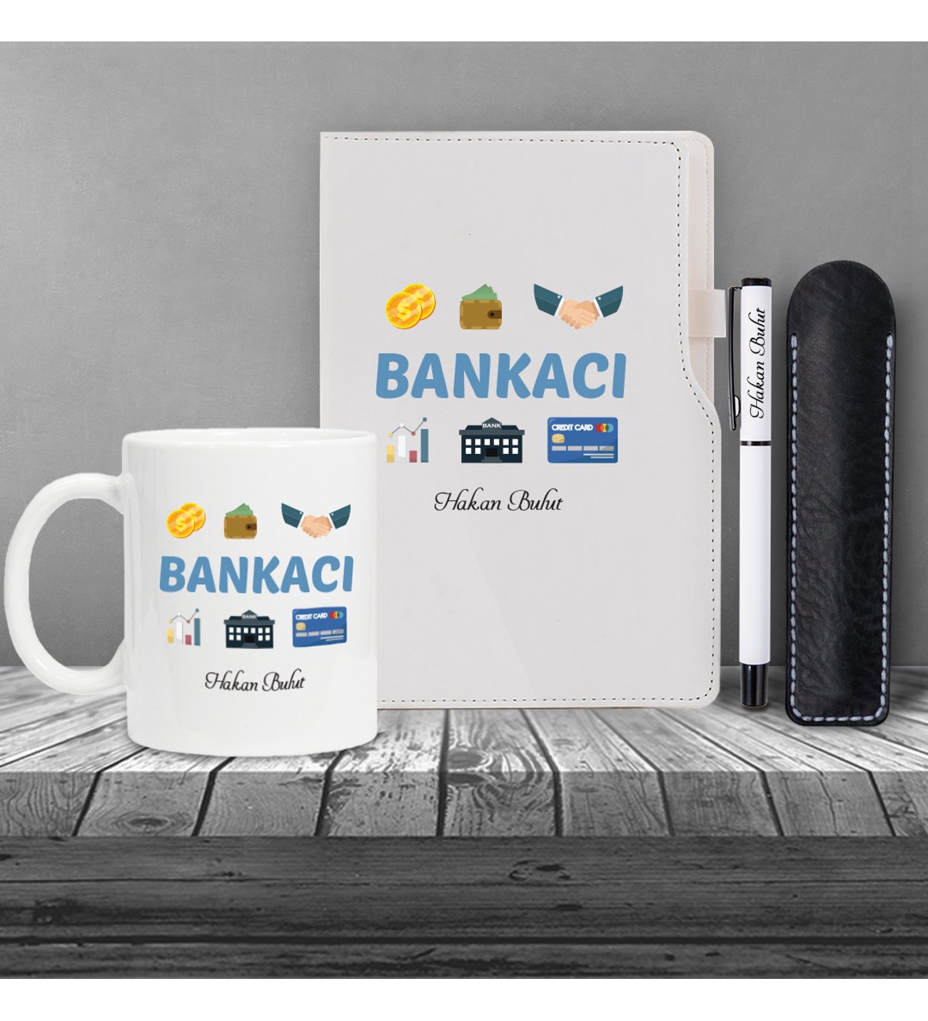 Kişiye Özel Bankacı Temalı Beyaz Defter & Siyah Roller Kalem ve Kupa Set 2
