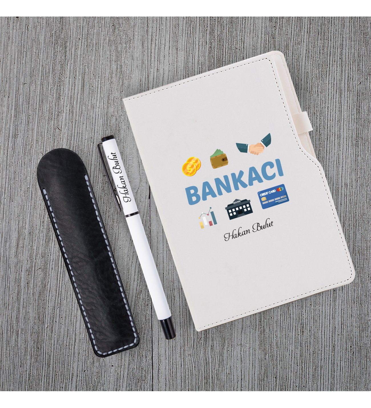 Kişiye Özel Bankacı Temalı Beyaz Defter & Siyah Roller Kalem ve Kupa Set 2