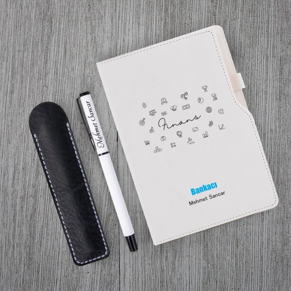 Kişiye Özel Bankacı Temalı Beyaz Defter & Beyaz Roller Kalem ve Kupa Seti