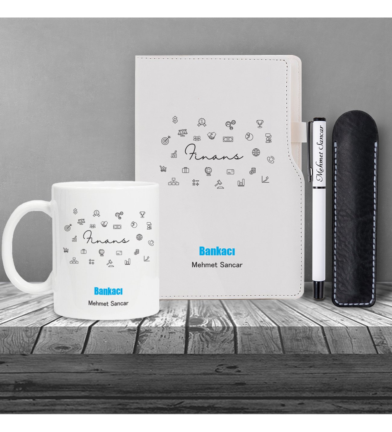 Kişiye Özel Bankacı Temalı Beyaz Defter & Beyaz Roller Kalem ve Kupa Seti
