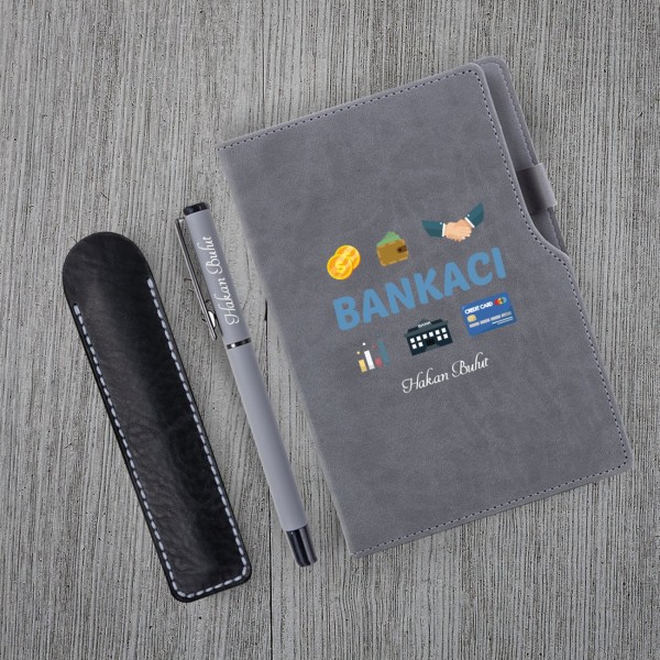 Kişiye Özel Bankacı Temalı Gri Defter & Gri Roller Kalem Set 2