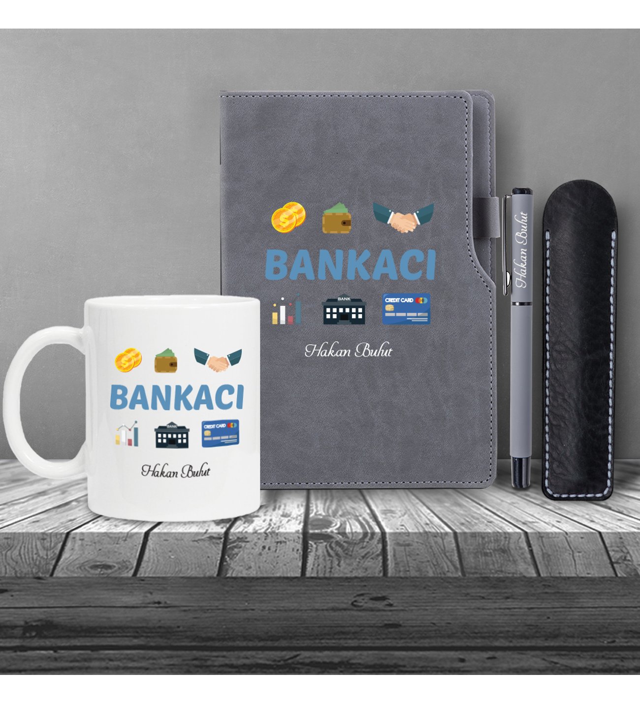 Kişiye Özel Bankacı Temalı Gri Defter & Siyah Roller Kalem ve Kupa Set 2