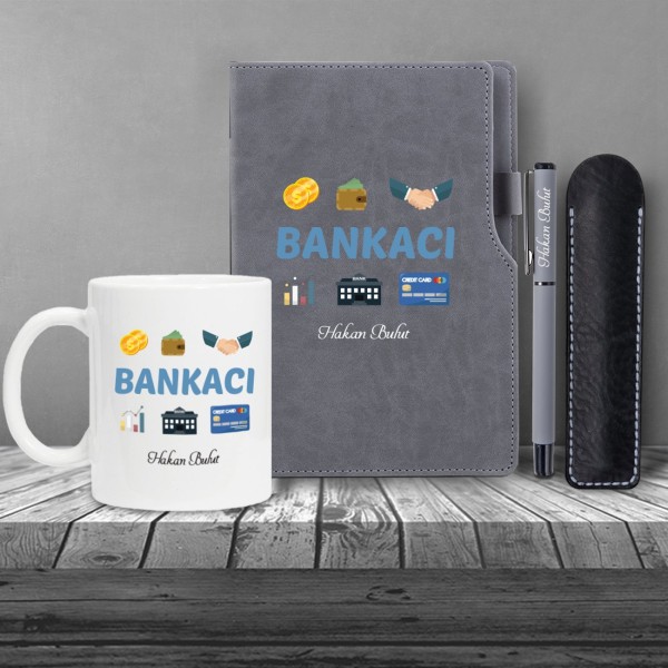Kişiye Özel Bankacı Temalı Gri Defter & Siyah Roller Kalem ve Kupa Set 2