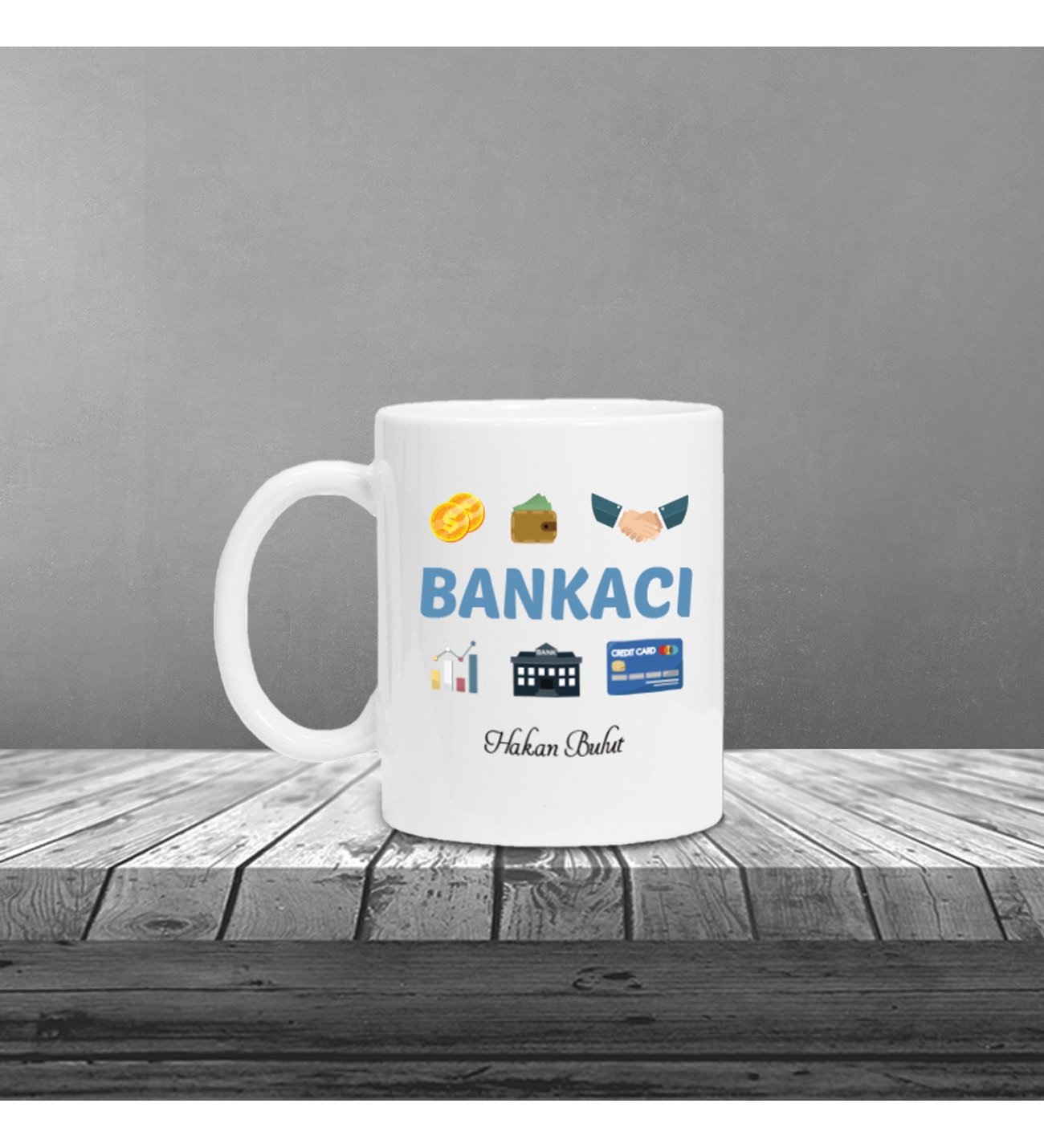 Kişiye Özel Bankacı Temalı Gri Defter & Siyah Roller Kalem ve Kupa Set 2