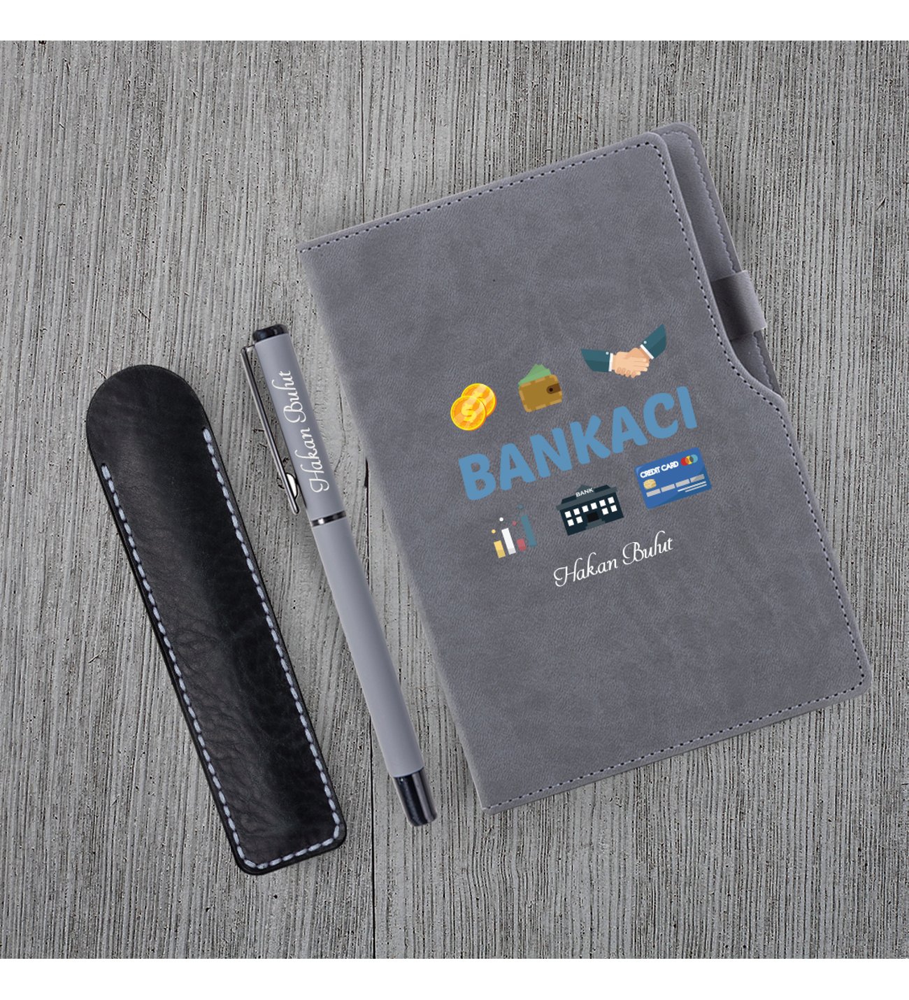 Kişiye Özel Bankacı Temalı Gri Defter & Siyah Roller Kalem ve Kupa Set 2