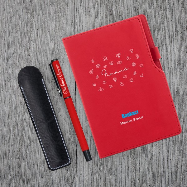Kişiye Özel Bankacı Temalı Kırmızı Defter & Kırmızı Roller Kalem