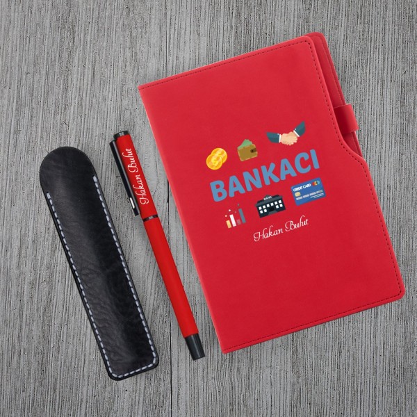 Kişiye Özel Bankacı Temalı Kırmızı Defter & Siyah Roller Kalem ve Kupa Set 2